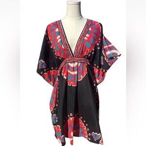 Trina Turk Yucateca Tunic Swim Cover Dress Size S Black Red Multi Short Caftan